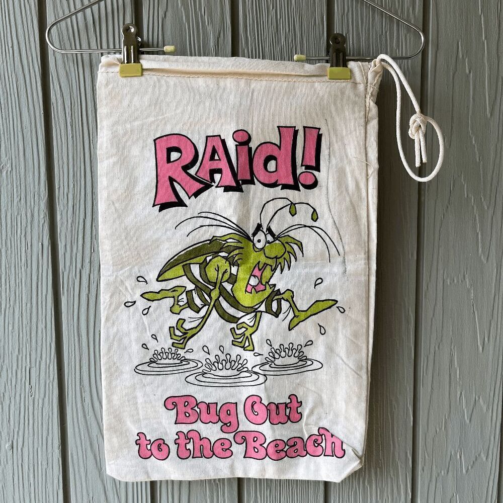 Vintage RAID! Bug Out to the Beach Canvas Drawstring Bag 80s Promo 18"x11"